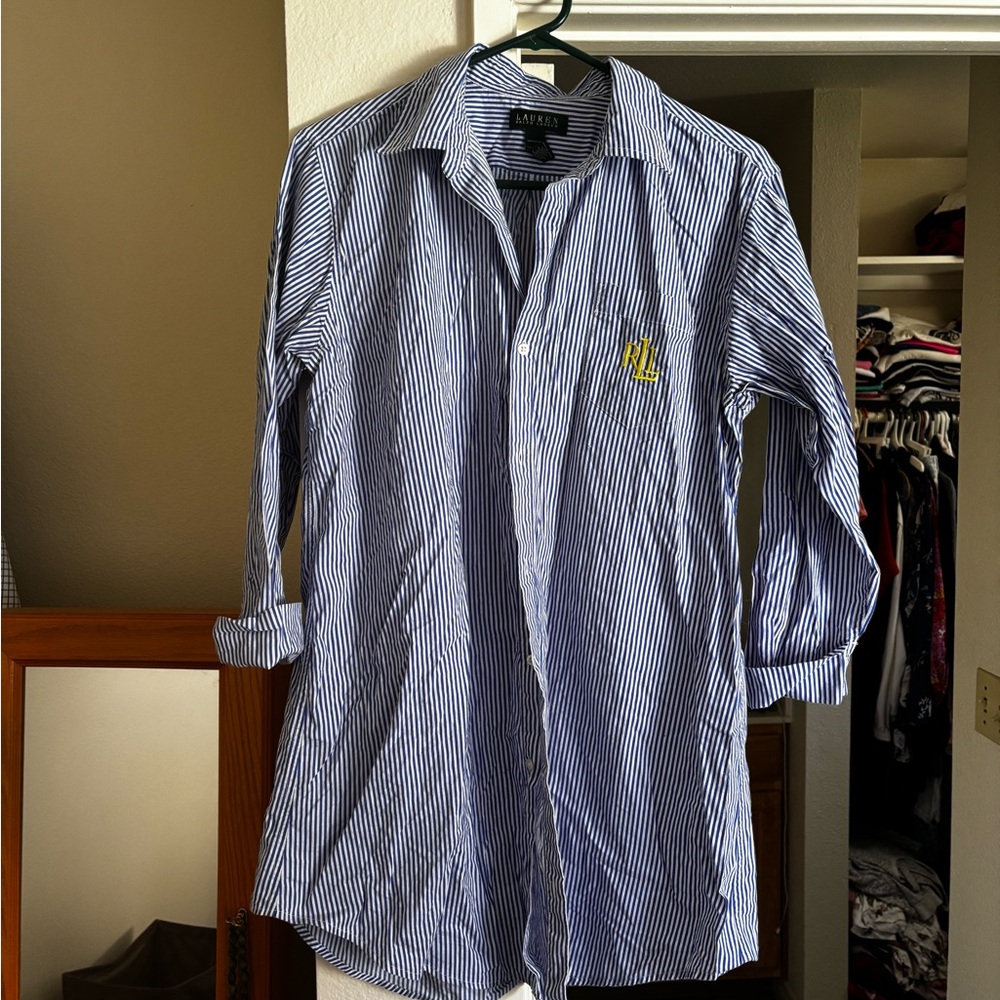 Ralph Lauren Monogram Blue Striped Long Bedshirt